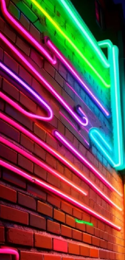 Vibrant neon lights stream across a brick wall creating a dynamic urban scene.