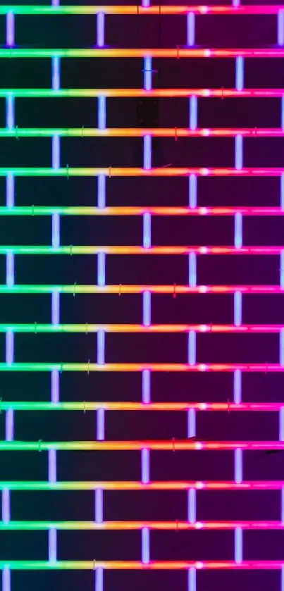 Colorful neon brick wall with abstract design.