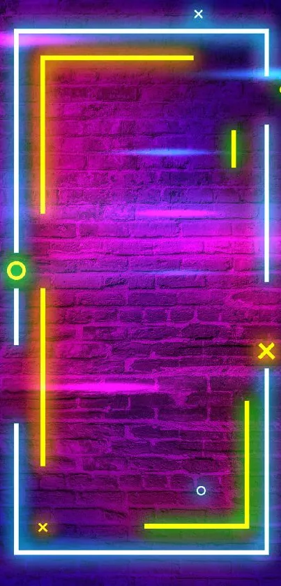 Neon geometric shapes on purple brick wall.