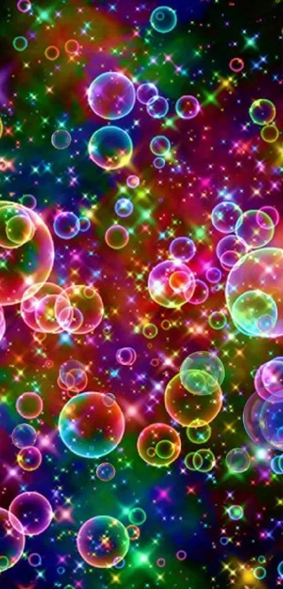 Vibrant neon bubble wallpaper with colorful stars.