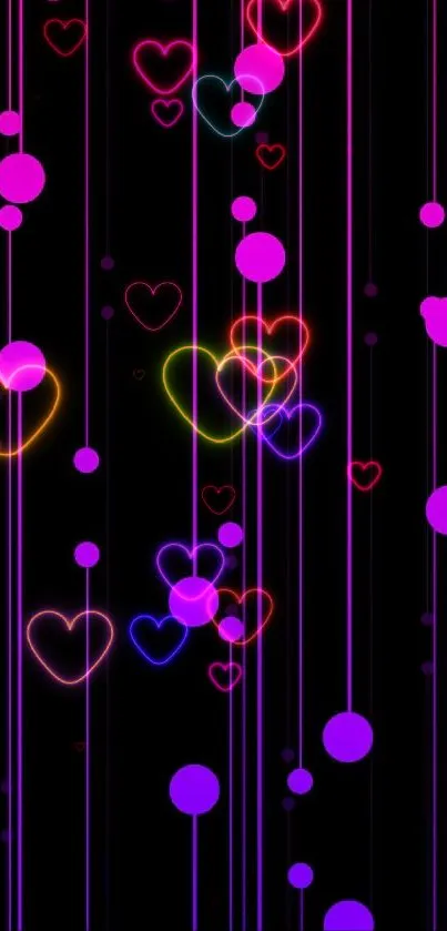 Neon bubbles in pink and purple on black background mobile wallpaper.