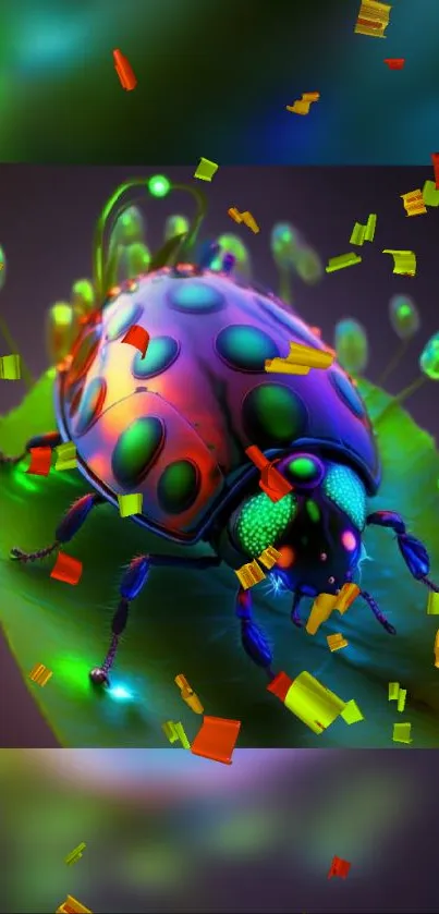 Vibrant neon bug on leaf with colorful confetti background.