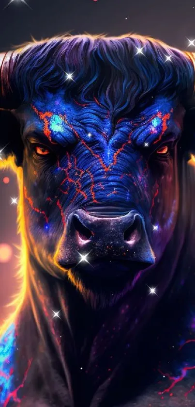 Vibrant neon bull artwork with electric blue highlights and intricate details.