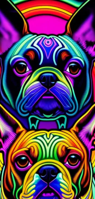 Vibrant neon psychedelic bulldog artwork with pink and orange hues.