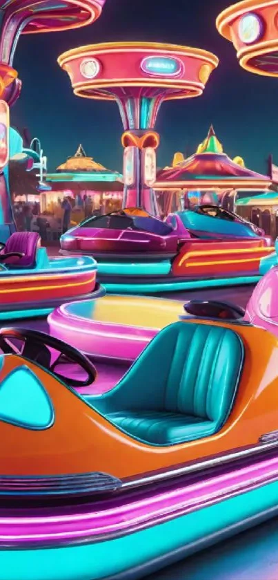 Neon-lit bumper cars in amusement park.