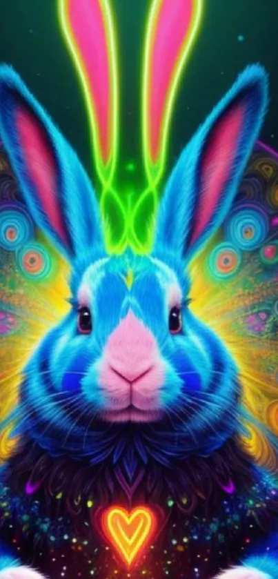 Vibrant neon bunny with colorful background in digital art style.