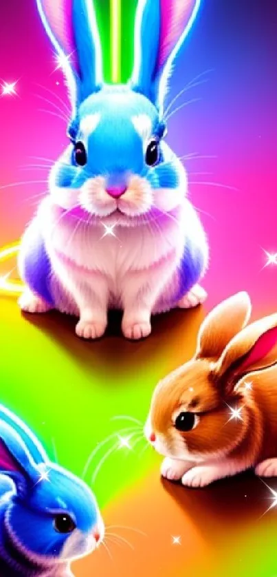 Vibrant neon bunnies in colorful design.