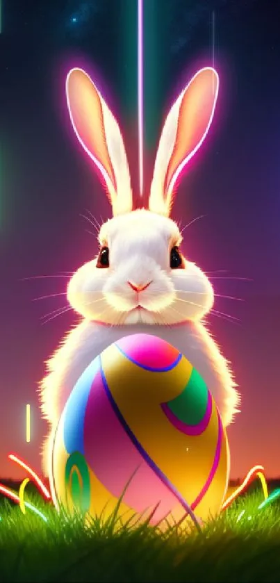 Neon bunny with colorful egg in a purple glow background.