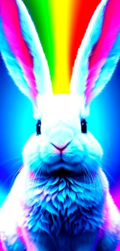 Vibrant neon bunny with rainbow ears on mobile wallpaper.