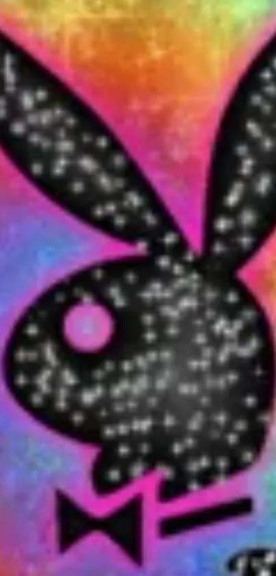 Neon bunny with sparkling accents on colorful background.