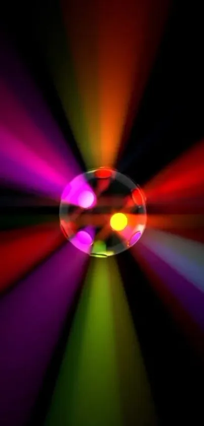 Vibrant neon burst wallpaper with colorful light beams and a central orb.