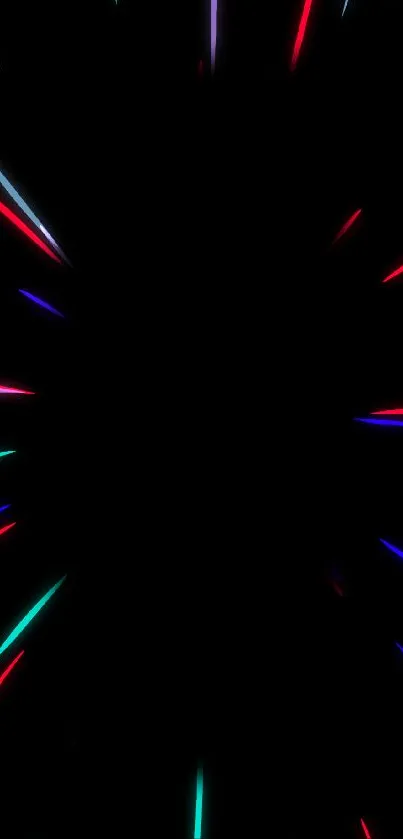 Vibrant neon lines radiate on a black background.