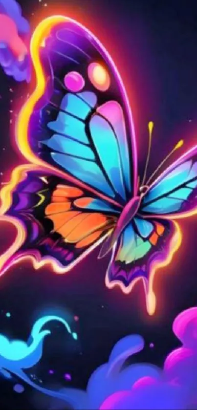 Colorful neon butterfly with glowing wings on a dark background