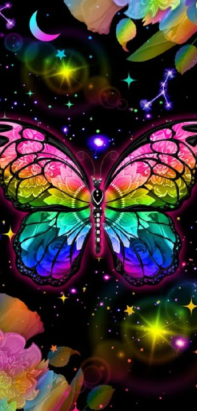 Vibrant neon butterfly on starry backdrop.