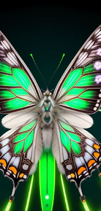 Neon green butterfly with intricate patterns on dark background.