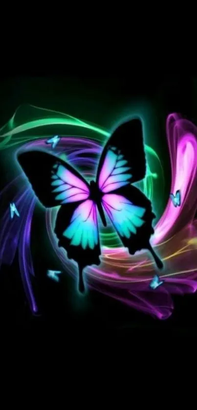 Neon butterfly with vibrant colors and glowing swirls on black background.