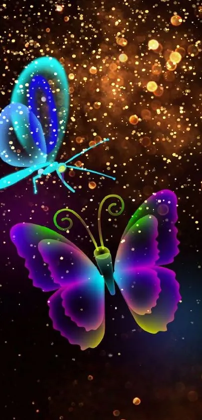 Vibrant neon butterflies on a dark background with sparkling effects.