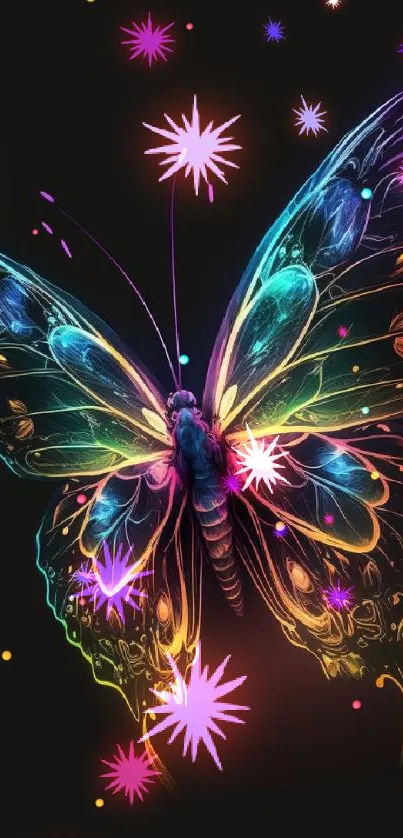 Neon butterfly with colorful wings on a black background.