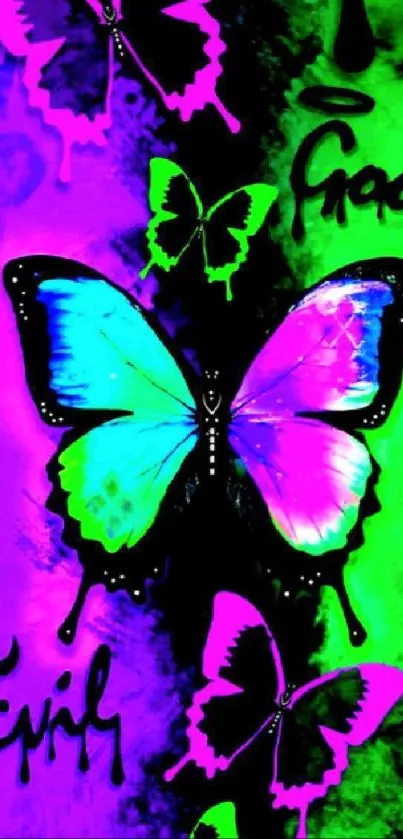 Vibrant neon butterfly wallpaper with bold colors.