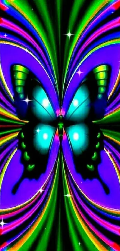 Vibrant neon butterfly art on a colorful abstract background.