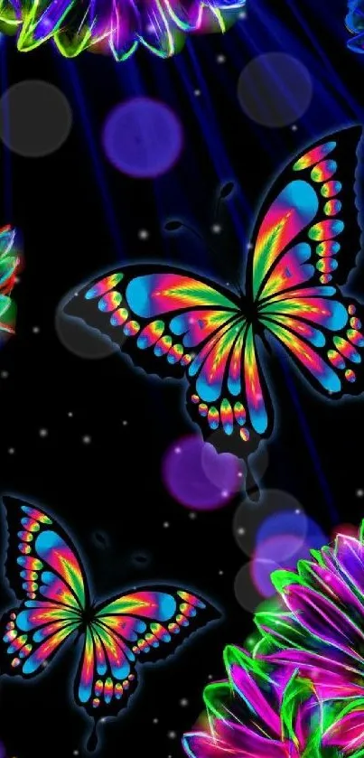 Neon butterflies and flowers on a dark background mobile wallpaper.