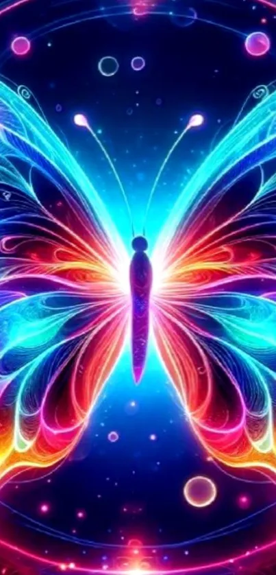 Vibrant neon butterfly artwork with colorful abstract design.