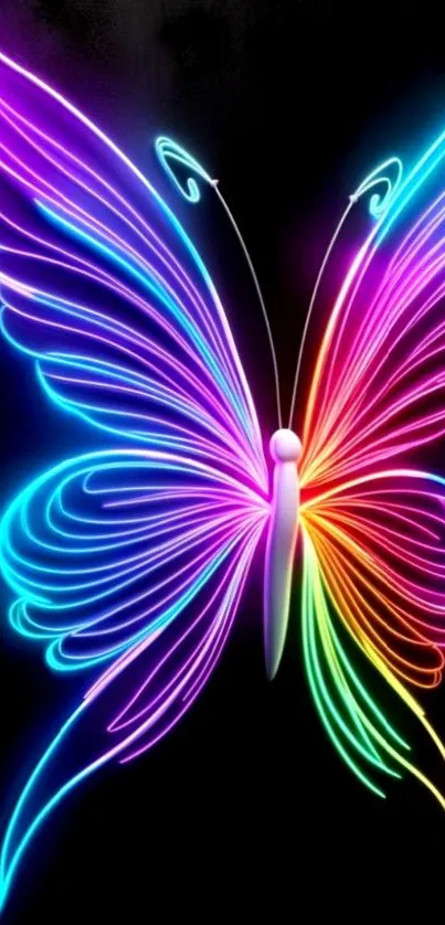 A vibrant neon butterfly glowing in vivid colors on a black background.