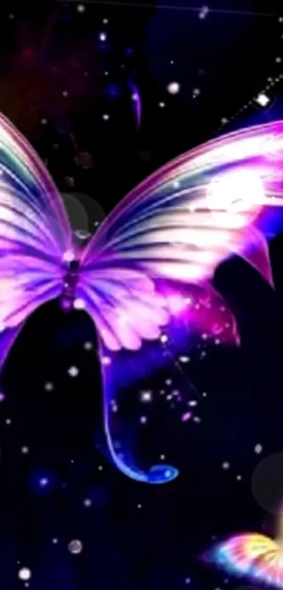 Vibrant neon butterfly with purple hues on a dark background.