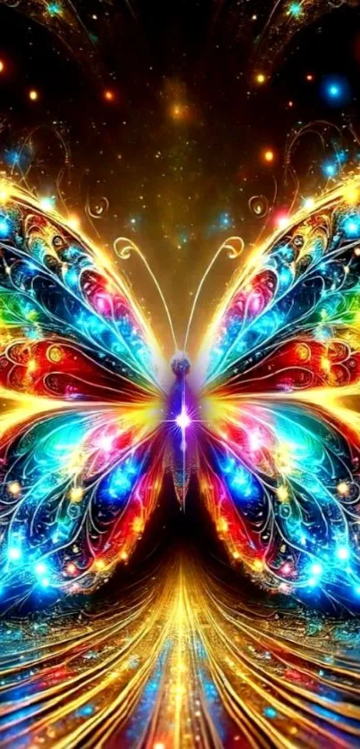 Vibrant neon butterfly showing glowing colors on a mobile wallpaper.