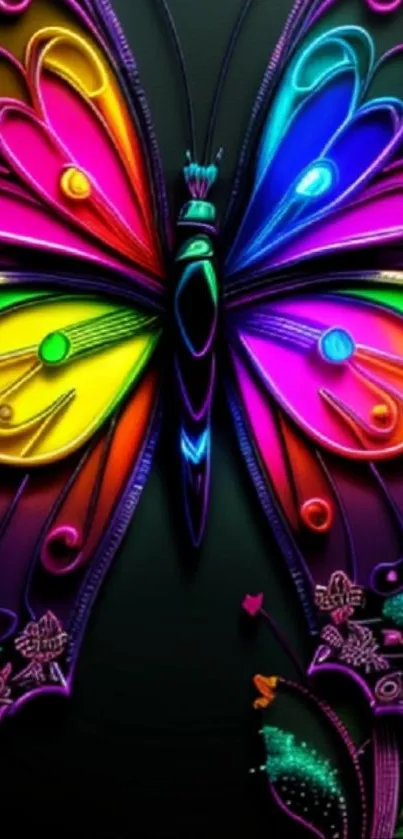 Vibrant neon butterfly art with colorful design.