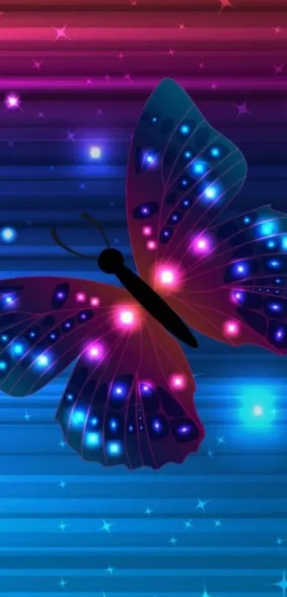 Vibrant neon butterfly with glowing wings on a blue background.