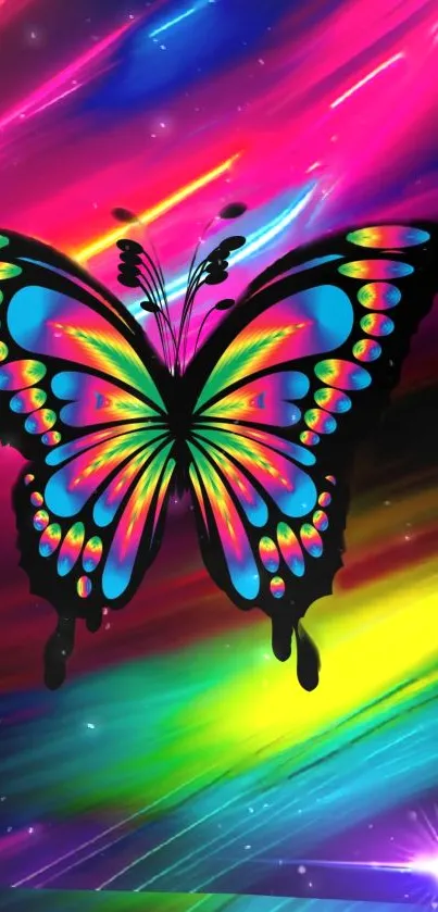 Colorful neon butterfly on a vibrant background.