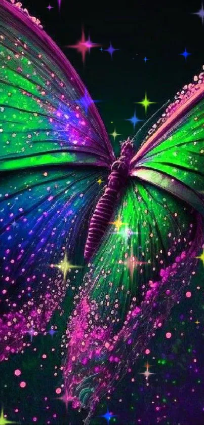 Vibrant neon butterfly with purple and green hues on a dark background.