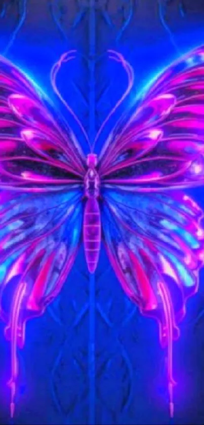 Neon butterfly with vibrant pink and blue wings.