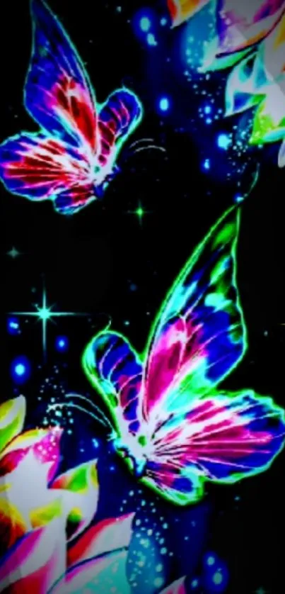 Colorful neon butterflies with a dark background.