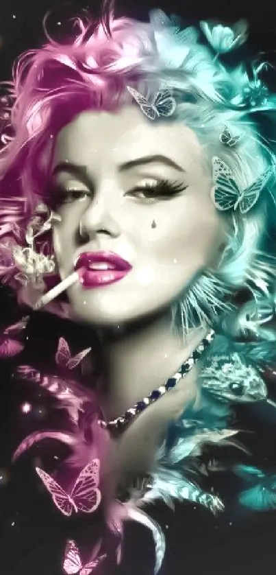 Colorful neon portrait with butterflies in vibrant hues.