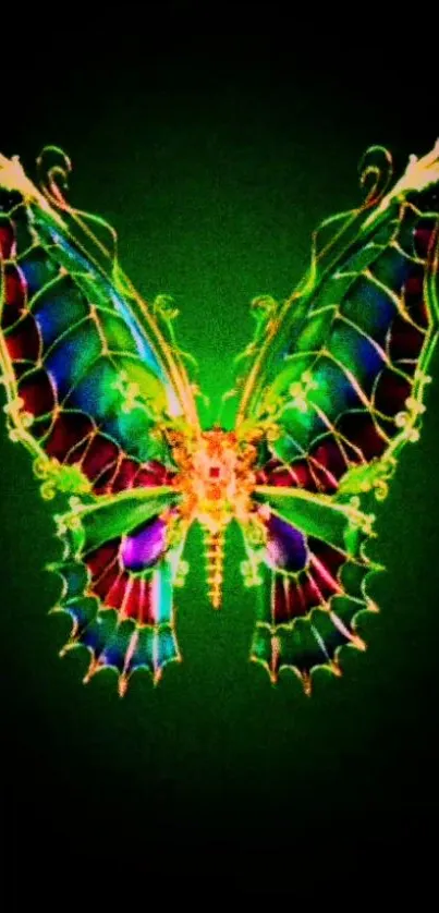 Neon butterfly with vibrant colors on a dark green background.