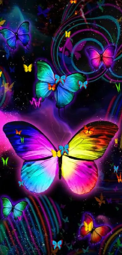 Vibrant neon butterflies with colorful patterns, set in a mystical night sky.