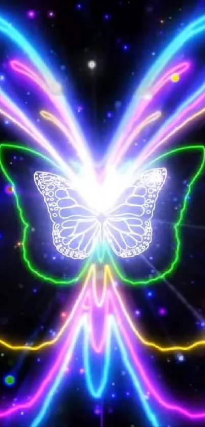 Vibrant neon butterfly with cosmic backdrop and light trails.