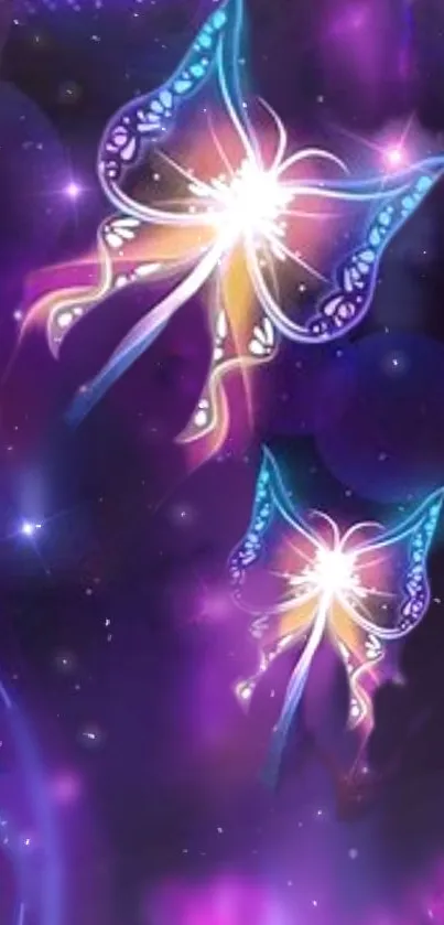 Neon butterflies with intricate designs on a purple galaxy background.