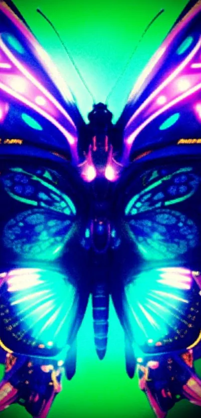 Neon butterfly with vibrant glowing colors on a digital wallpaper background.