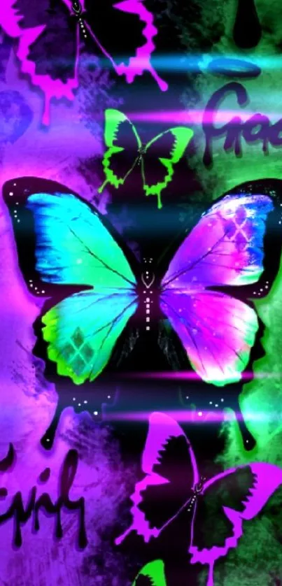 Neon butterfly wallpaper with purple and green hues.