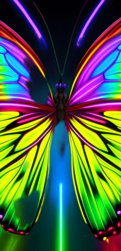 Colorful neon butterfly with vibrant rainbow hues on a dark background.