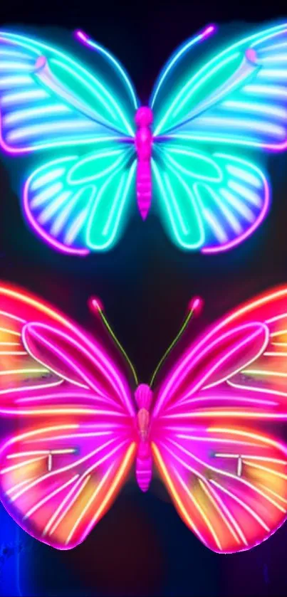 Vibrant neon butterflies with glowing wings on a dark background.