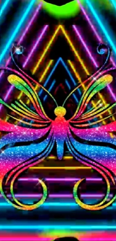 Vibrant neon butterfly wallpaper with geometric background.