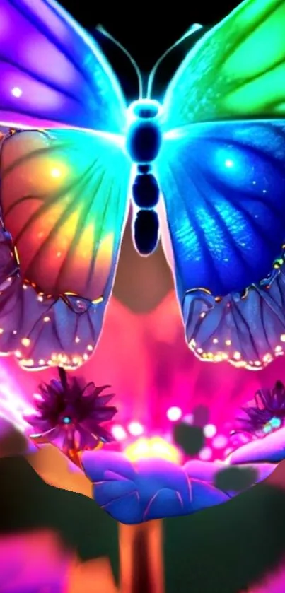 Colorful neon butterfly illuminating a vibrant flower.