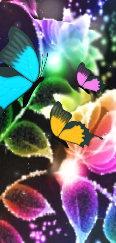 Vibrant neon butterflies on colorful floral background mobile wallpaper.