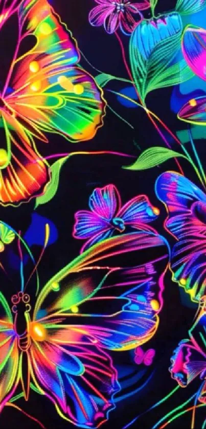 Vibrant neon butterflies and flowers on a black background.