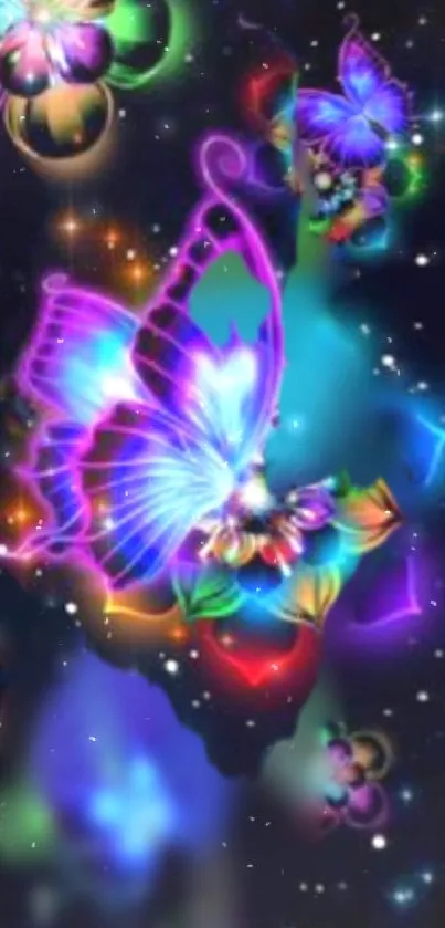 Neon butterfly in a colorful, starry night sky scene.