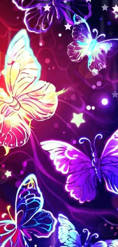 Vibrant neon butterfly wallpaper with glowing colors and a dreamy atmosphere.